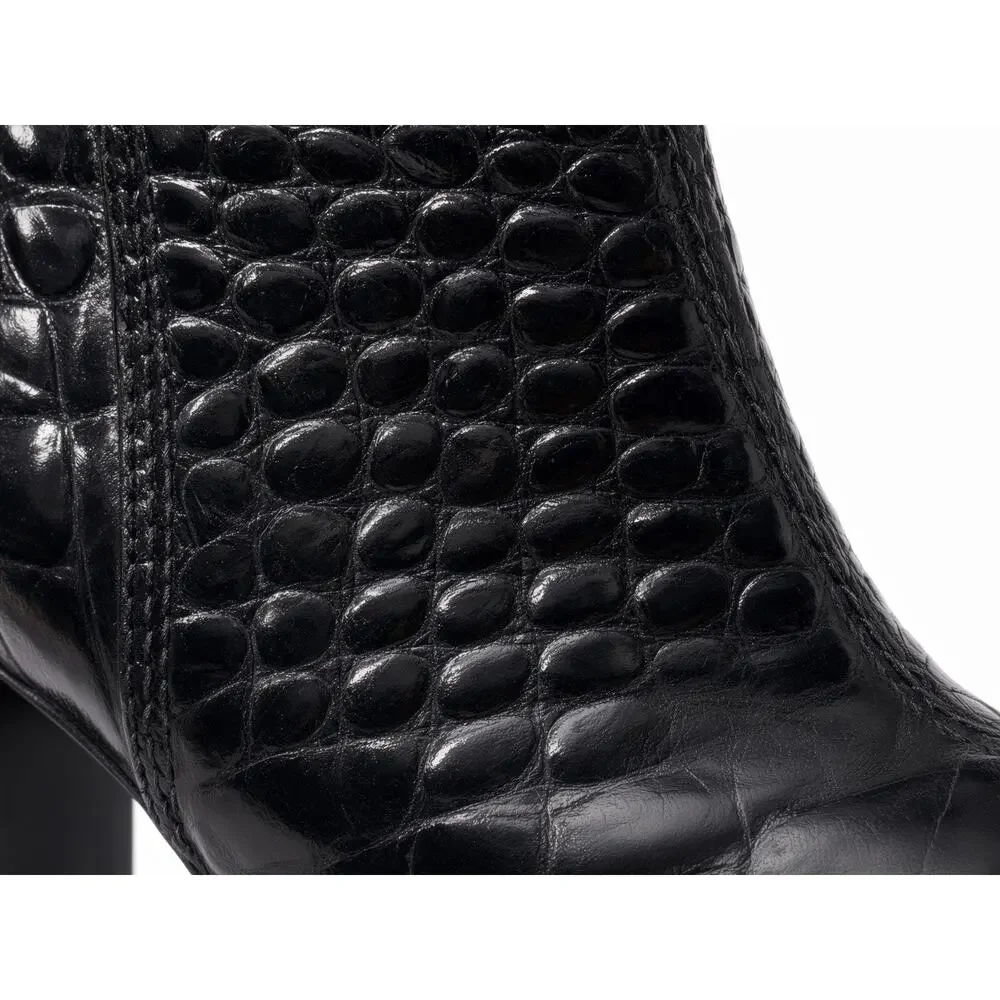 Tory Burch Black Croc Embossed Patent Platform Ankle Boots Size 6.5 Gold Logo